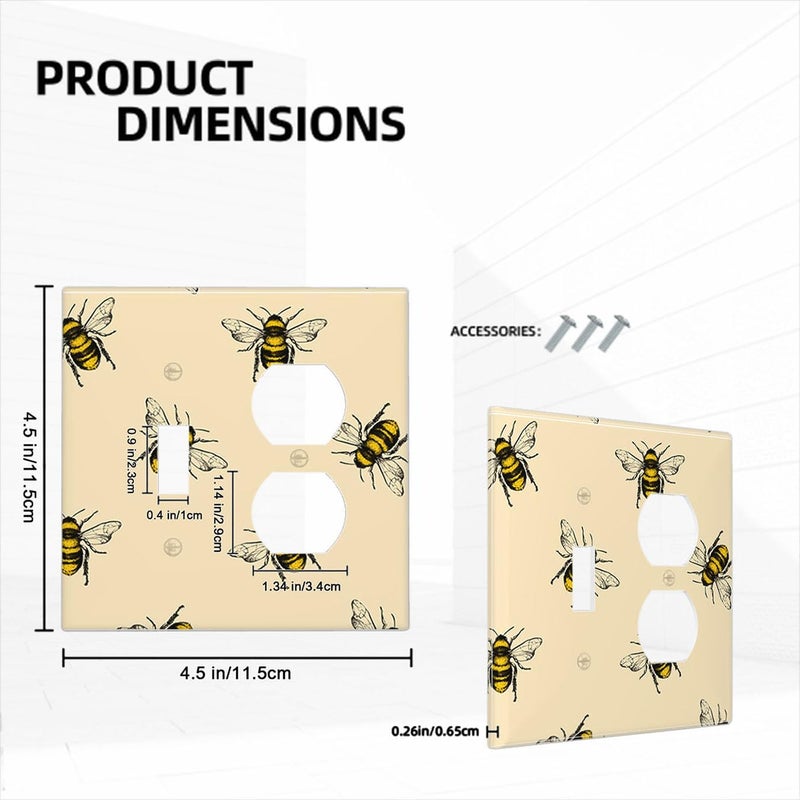 Moslion Bee 1 Toggle 1 Duplex Outlet Covers Honey Bee Hardworking Yellow 2-Gang Wall Switch Plates Combination For Men Women Home Office - Image 2